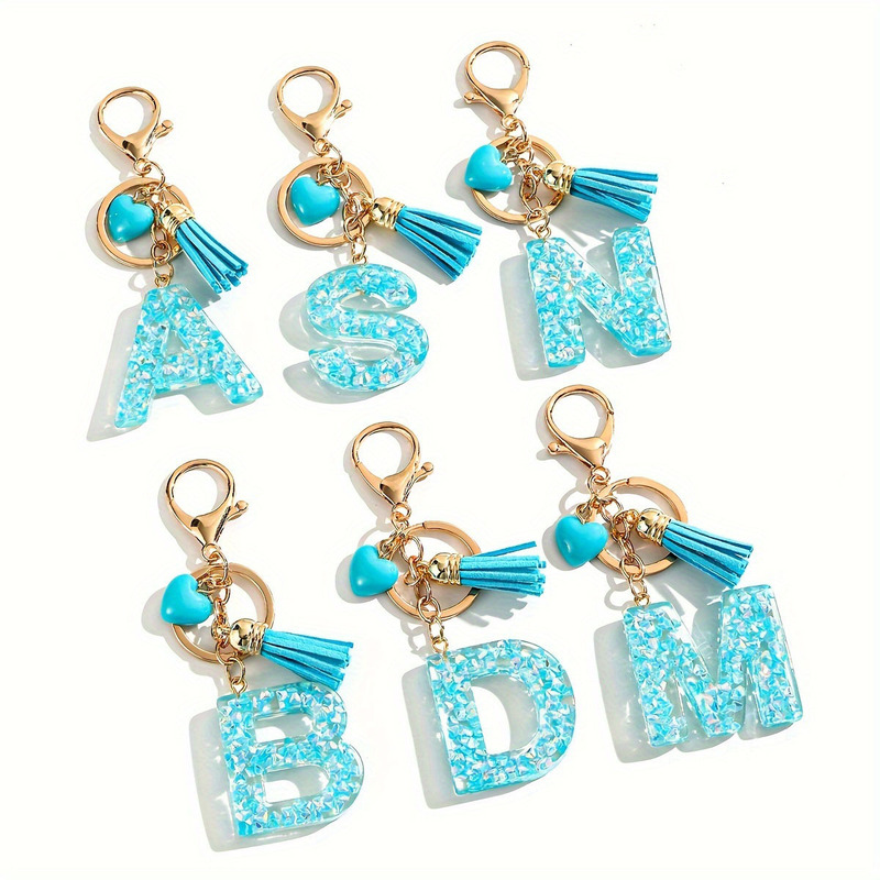 Resin Letter Blue Heart Tassel Keychain Cute Ins Style Bag Pendant Car Pendant Jewelry Pendant