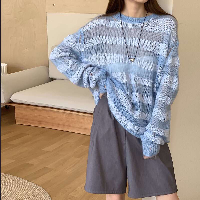Ac Cream Round Neck Stripesd Knitwear Women's Autumn and Winter 25 New Loose Slimming Look Soft Waxy Mohair Knitwear Top