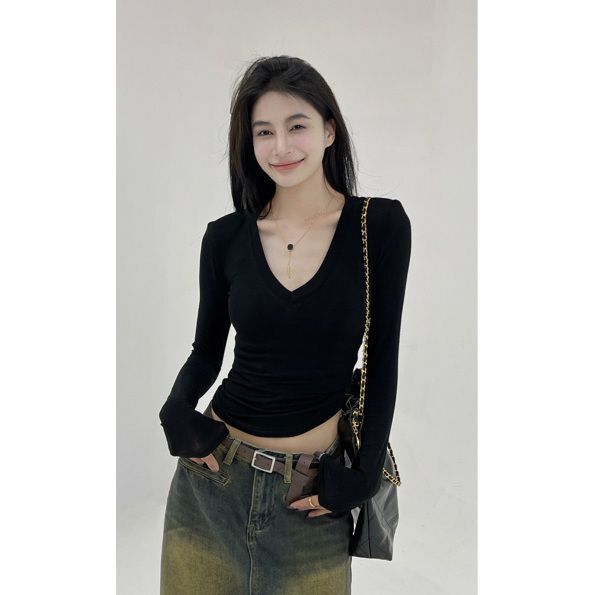 Maillard Base Shirt Slim-fit T-shirt Women's Early Autumn Long-sleeved Solid Color Spice Girl Elegant All-match Short Top