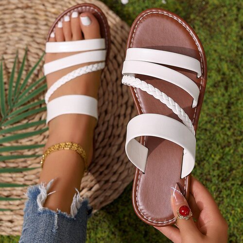 Women's Spring and Summer New Fashion Lightweight Solid Color Woven Flat Sandals for Outdoor Wear and Wide Feet