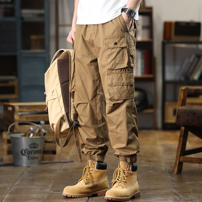 American Retro Khaki Cargo Pants for Men, Autumn Loose Jogger Trendy Mountain Style Outdoor Multi-Pocket Casual Pants