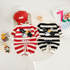 春季新品寶寶衣服 色織條紋個性男女嬰兒哈衣爬服 柔軟棉卡通小狗
