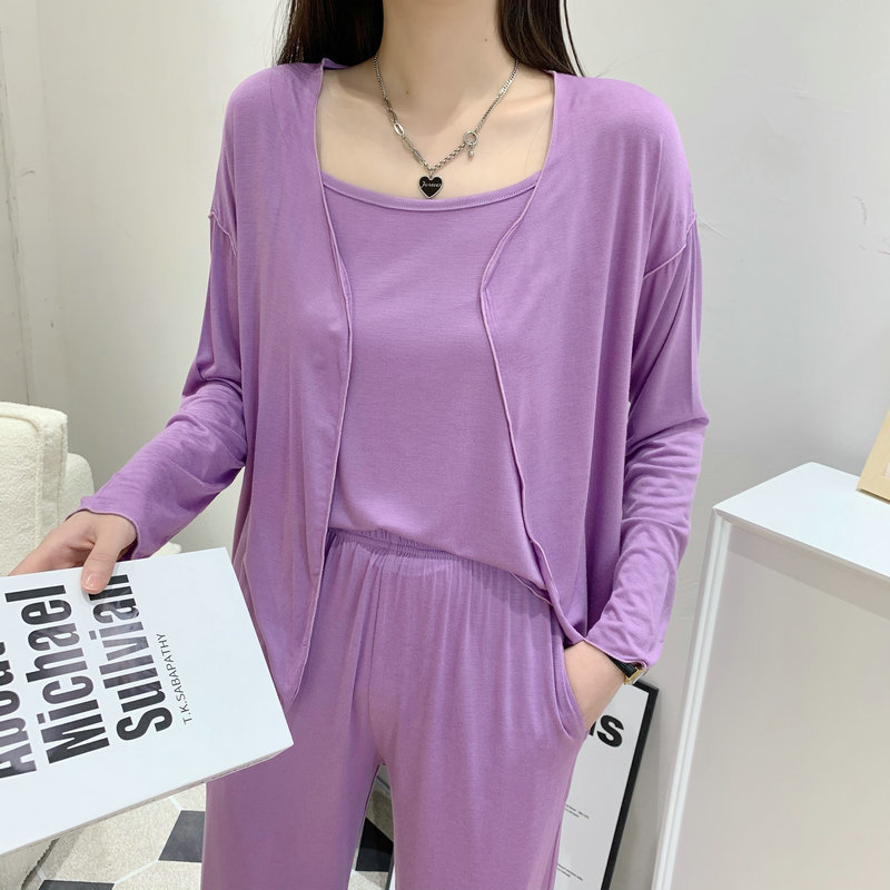 Primavera y verano pijamas rojos en línea pantalones modales de manga larga de tres piezas para mujer ropa para el hogar al aire libre casual se puede usar traje exterior