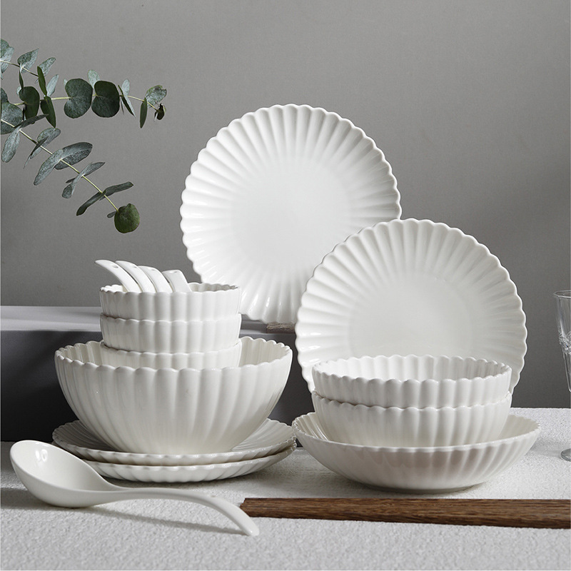 Ceramic Creative Vintage Chrysanthemum Pattern Series Tableware Household Pure White Plate Rice Bowl Dish Plate Fruit Plate Western Food Plate