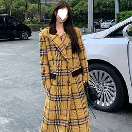 法式复古中长款格纹毛呢外套女2024冬季赫本风宽松显瘦双排扣大衣