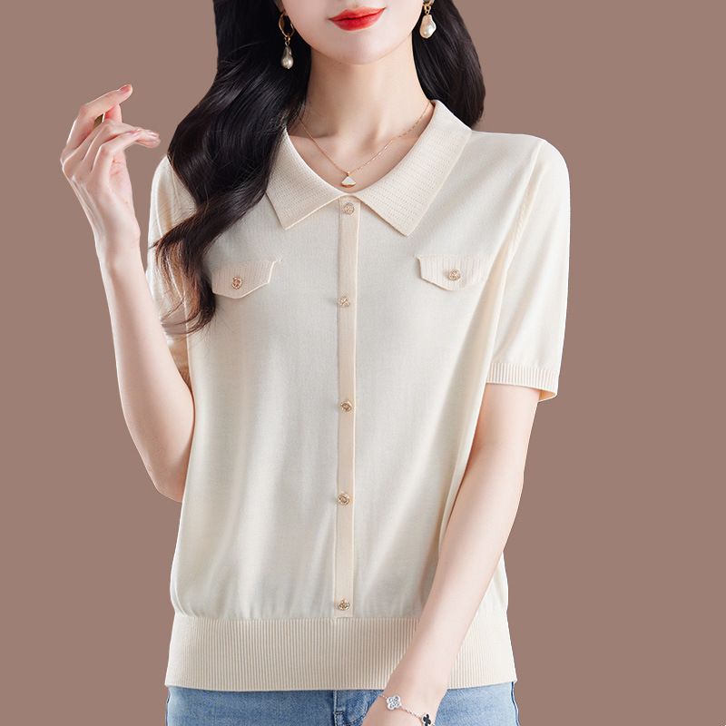 テンセルリヨセル中年ママ服夏新作半袖Tシャツレディースゆったりおしゃれニットポロシャツトップス|undefined