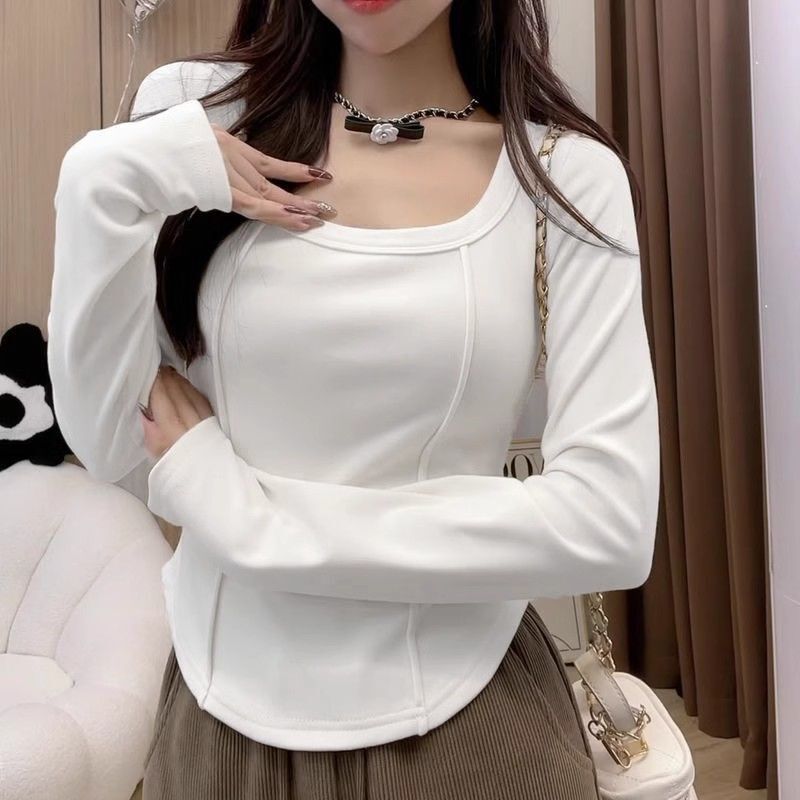 德绒保暖长袖t恤女士洋气秋冬季鱼骨修身显瘦打底衫短款内搭上衣|undefined