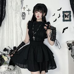 XS25077小さな魔女ノースリーブレースステッチドレス女性2025ダークゴシック風新しい黒いスカート