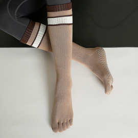 五指瑜伽袜防滑中高条纹筒室内运动袜普拉提袜秋冬保暖地板舞蹈袜