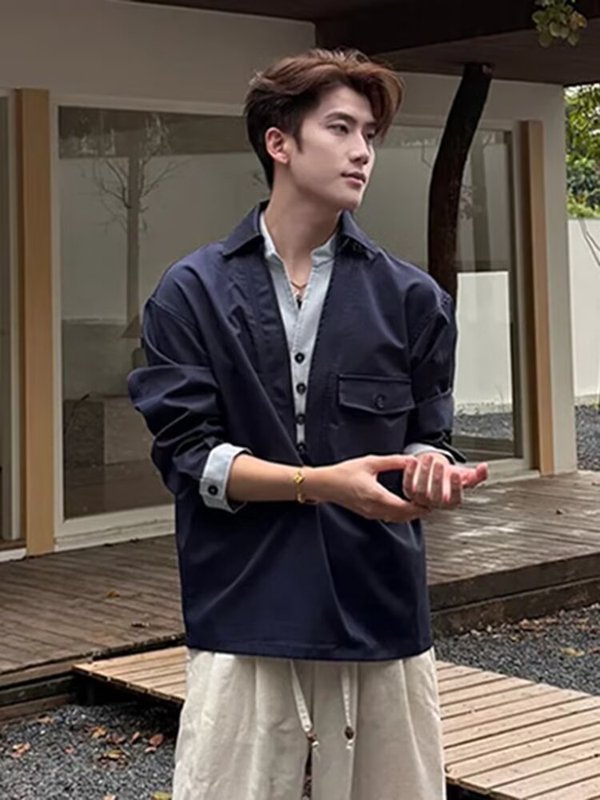老钱风潮流假两件拼接长袖衬衣男春秋新款宽松时尚休闲长袖衬衣男|undefined