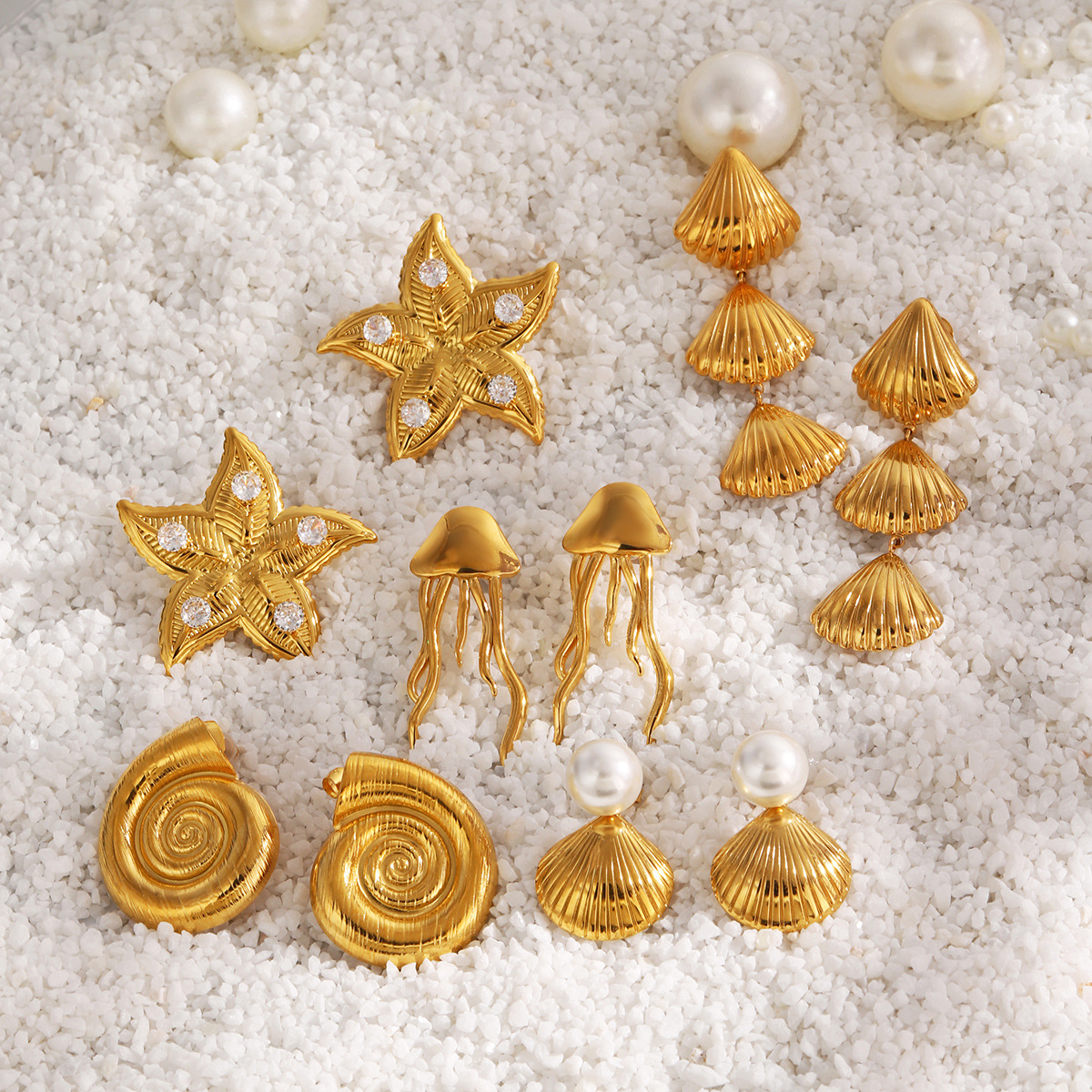 Orecchini a forma di stella marina e conchiglia con perla_voghion.com