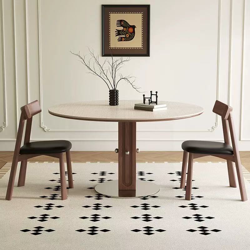 Mesa de tablero de roca de travertino de madera maciza retro francesa mesa de comedor de tablero de roca de lujo ligero para el hogar pequeño apartamento mesa de comedor de madera maciza redonda medieval