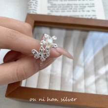 欧尼 韩国S925纯银天然珍珠花朵戒指女ins风小众设计轻奢气质指环