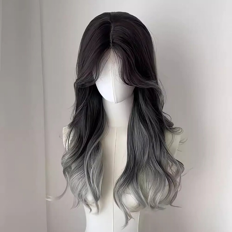 Wig Full Headgear Women's Spotted Gradient Grey Long Curly Hair Imitation Human Hair Paris Painted Dyed Grey Bright Middle Bangs