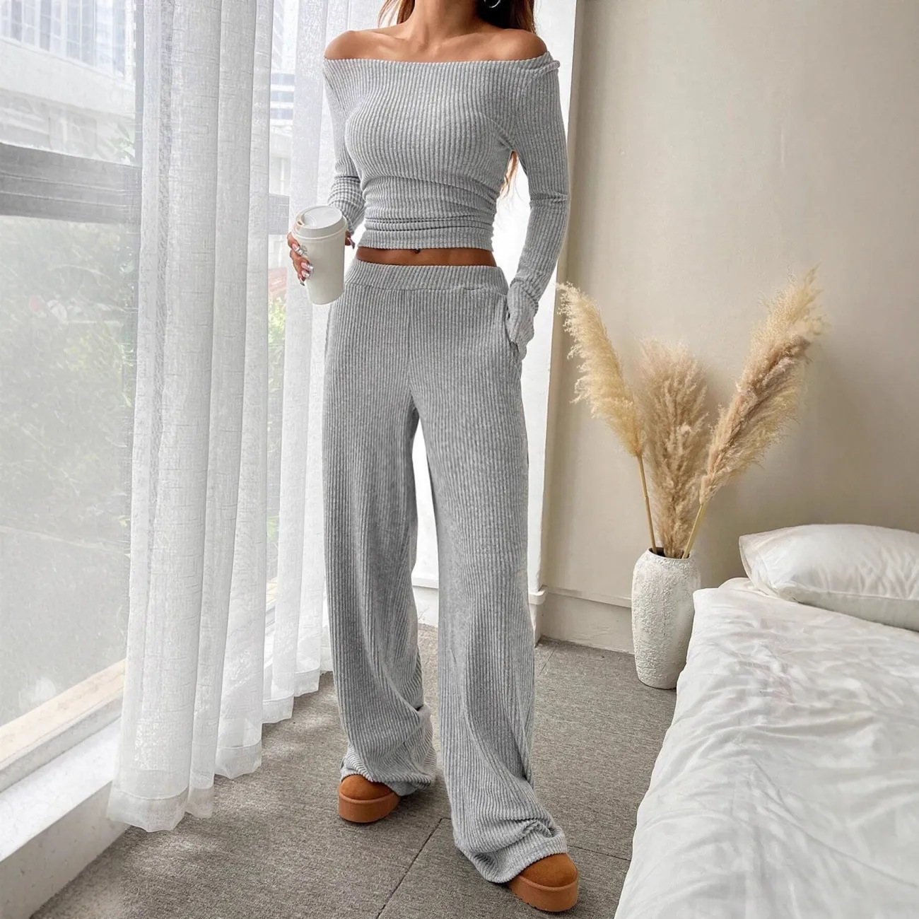 2026 Cross-Border Autumn and Winter New Amazon Cross-Border Long-Sleeve Boat Neck Top & Elastic Waist Wide-Leg Pants Set