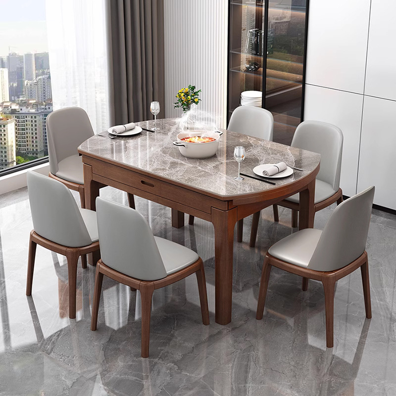 實木岩板餐桌椅組合現代簡約小戶型方圓兩用伸縮飯桌帶電磁爐餐桌