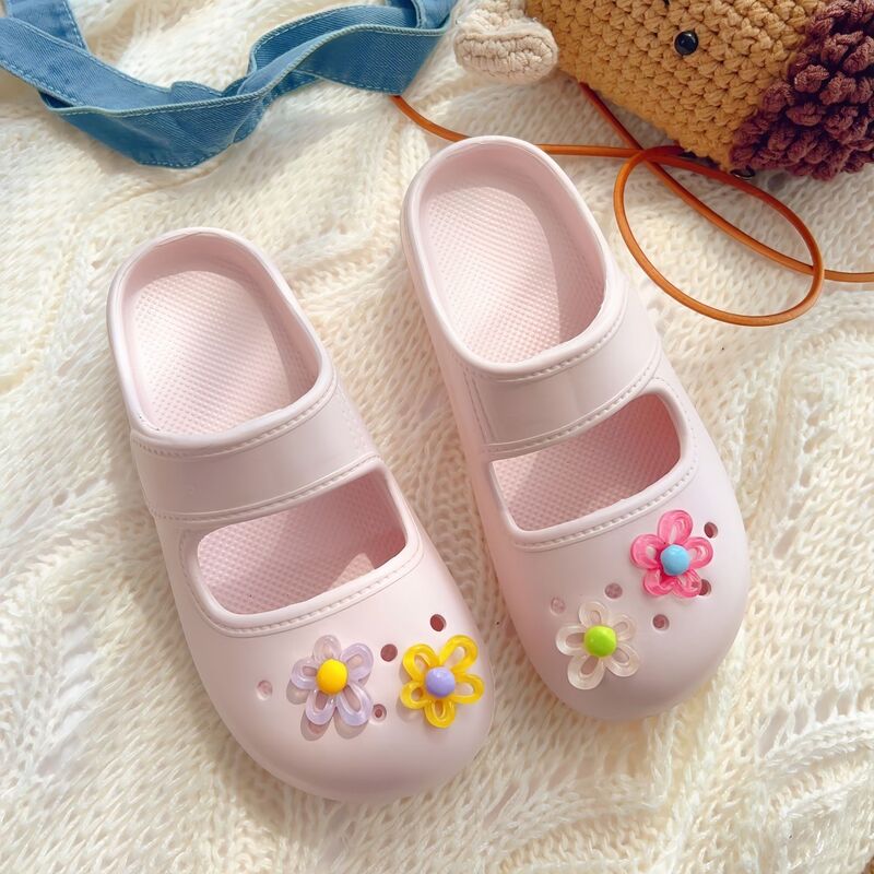 Cute DIY Mary Jane Clogs for Women with Floral Decoration, Slip-On Closed-Toe Outdoor Soft-Soled Sandals for Summer