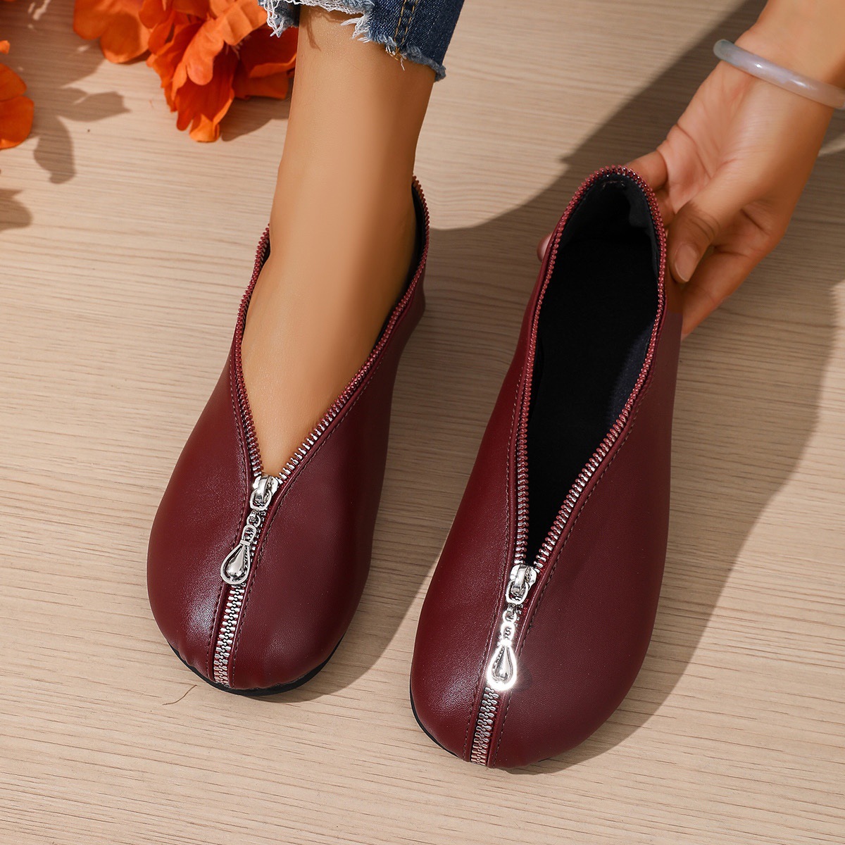 Scarpe basse da donna, novità primavera, comode, modello basso, modello slip-on, taglie forti, con cerniera frontale._voghion.com