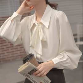 春款灯笼袖气质蝴蝶结衬衫白色衬衣女长袖系带设计感职业上衣秋季