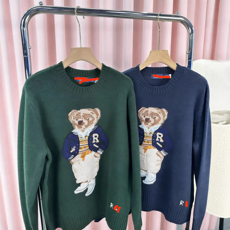 Cross-Border High-Quality Pony Logo Sweater with Qr Code, R-L Wool Cashmere Heavy-Duty Cartoon Bear Design, Popular Autumn and Winter Sweater for Women