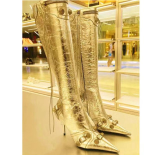Amazon Cross-border Foreign Trade Large Size Women's Shoes BL British Pointed Thin Heel High Heel Women's Boots Metal Buckle High Barrel Tassel Boots