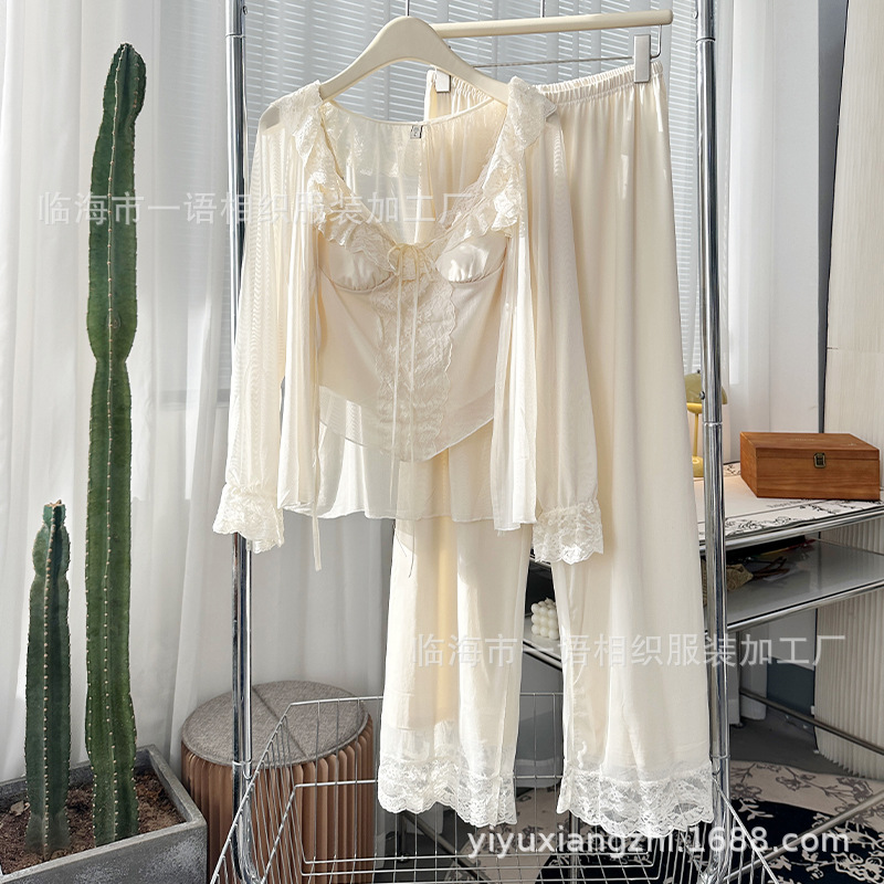 2025 New Modal Retro Three-piece Pajamas Women's Detachable Chest Pad Crewneck Cardigan Women's Home Clothes