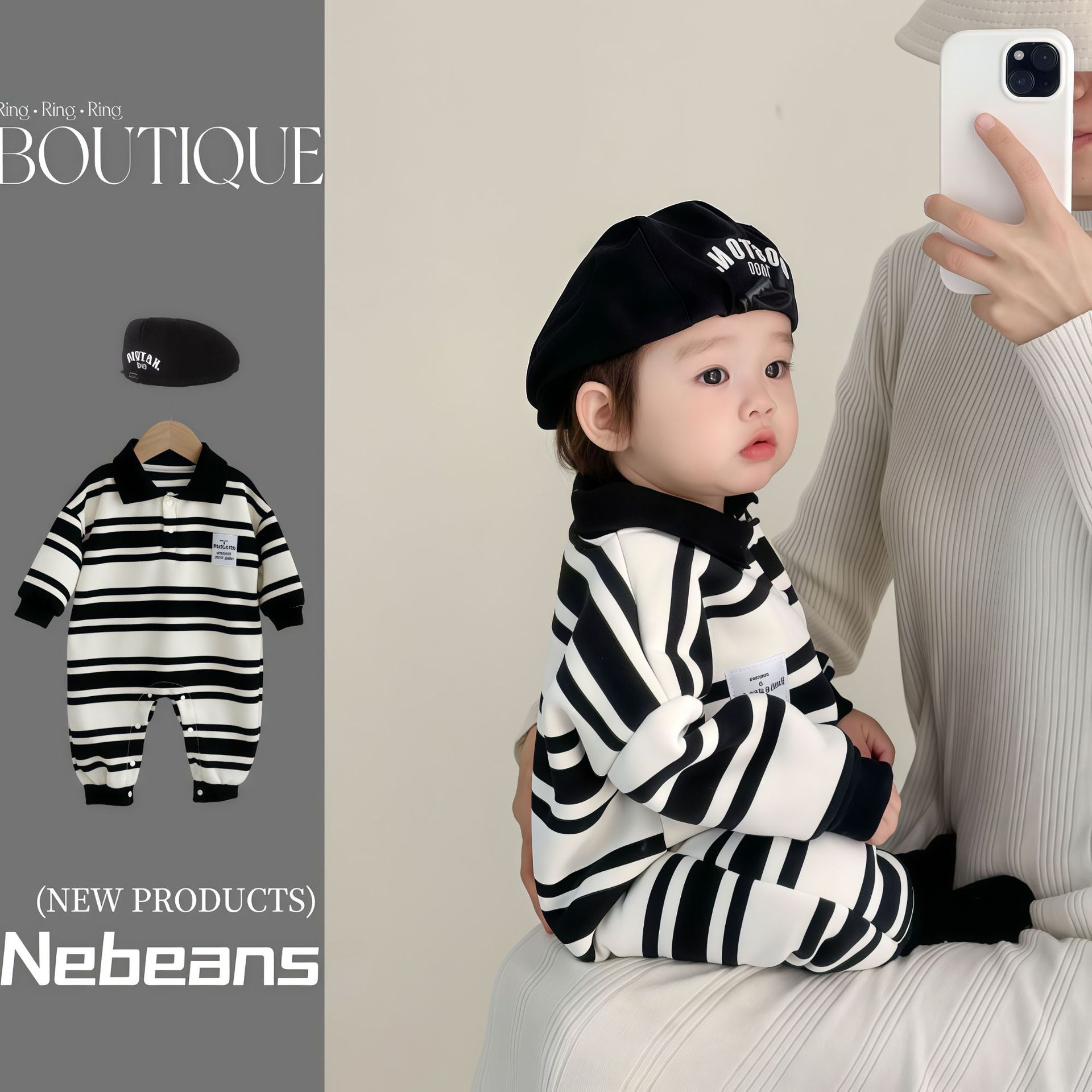 0-2 Years Old Baby Clothes for Boys, Trendy Gentleman-Style Collared Romper, Striped Cotton Black and White Stripes
