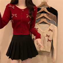 东莞毛织批发小香风早秋韩系设计感甜美上衣打底衫蝴蝶结针织开衫