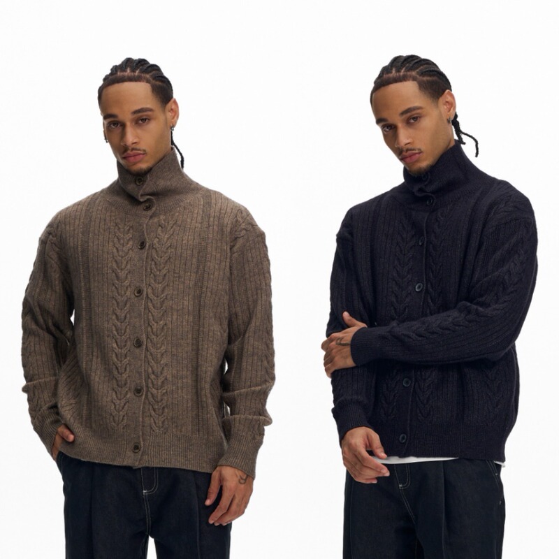Cross-border, vintage-style, twisted-knit, wheat-ear pattern, high-neck sweater cardigan, unisex, loose-fitting, casual, and versatile knit outerwear Cross-border, vintage-style, twisted-knit, wheat-ear pattern, high-neck sweater cardigan, unisex, loose-fitting, casual, and versatile knit outerwear