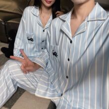 德绒情侣睡衣男女款秋冬季新款长袖保暖厚款条纹猫韩版家居服套装