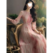 轻奢高级感温柔风长裙2025春夏新款宽松显瘦遮肉桑蚕丝印花连衣裙