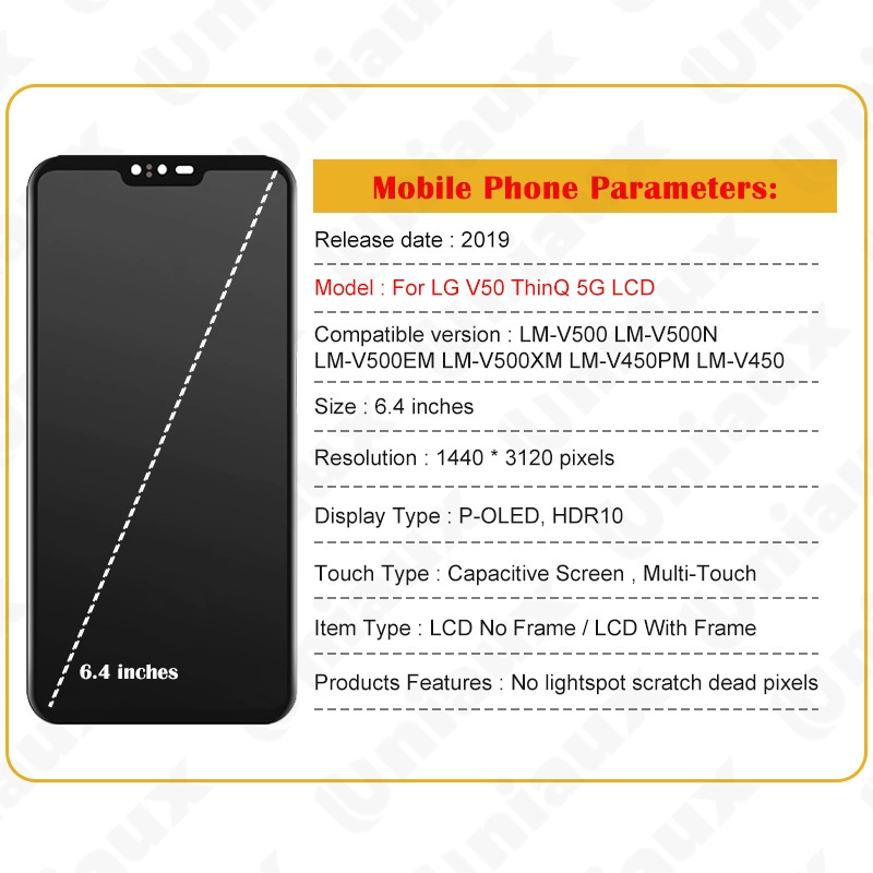 Подходит для сборки экрана LG V50 THINQ 5G, внутреннего и внешнего экрана оригинального ЖК-дисплея.