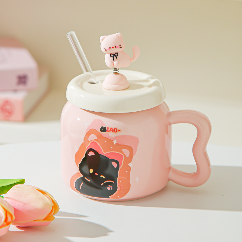 Suave y lindo gato cerámico taza de paja de dibujos animados taza de oficina femenina de alto valor con taza de pareja doméstica cubierta