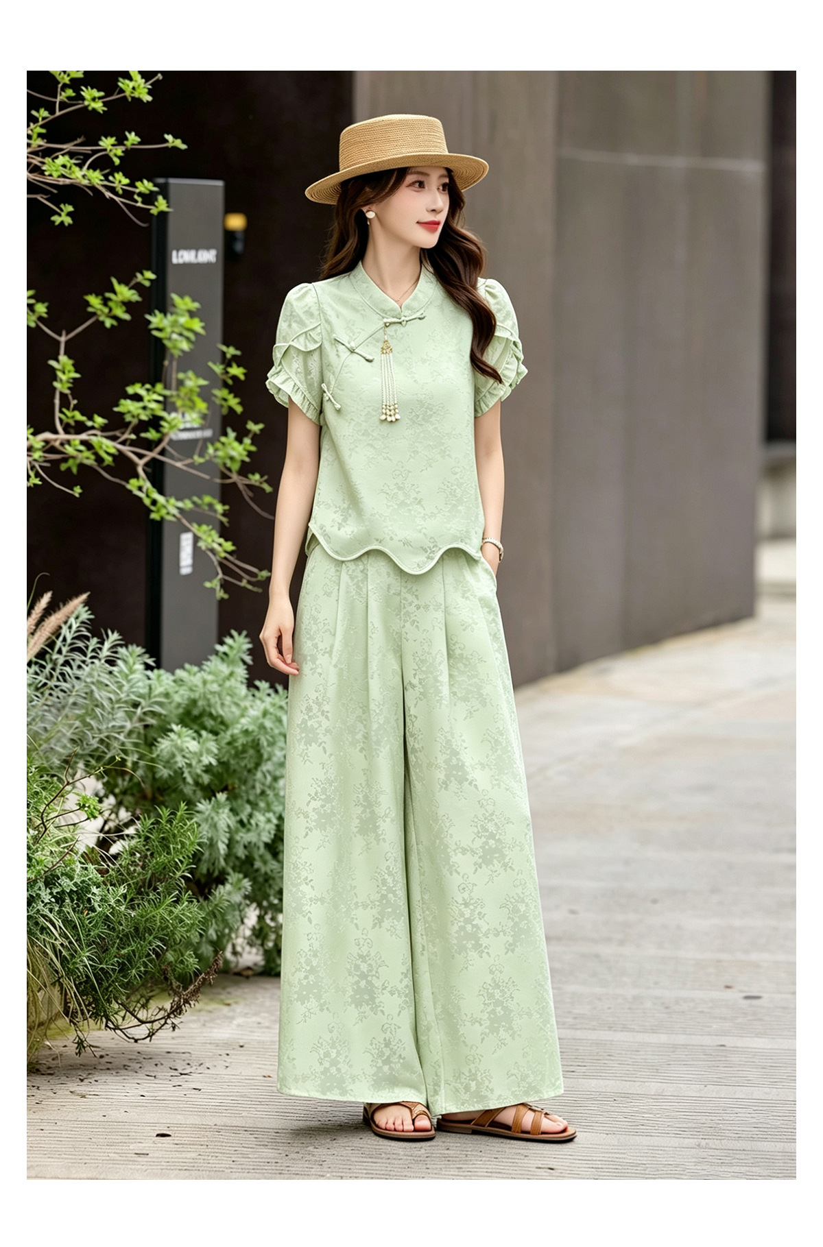 Bộ áo sơ mi họa tiết jacquard kết hợp quần ống rộng cạp thun hai mảnh thời trang — Vàng kem, xanh lá cây chi tiết 12