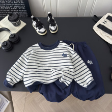 儿童条纹刺绣卫衣套装2025秋季新款男女童韩版休闲卫衣卫裤两件套