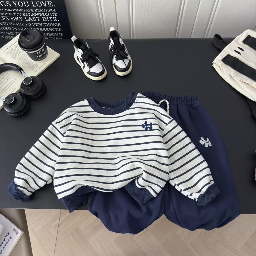 儿童条纹刺绣卫衣套装2025秋季新款男女童韩版休闲卫衣卫裤两件套