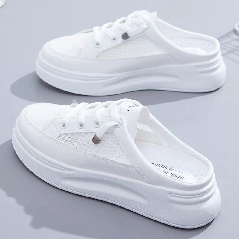 2025 primavera y verano nuevo estilo zapatos blancos zapatos de mujer suela gruesa ropa exterior zapatos casuales de malla sin tacón Baotou media pantufla mujer