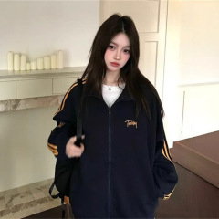 2025早秋新款宽松美式复古条纹卫衣外套女撞色立领拉链长袖棒球服