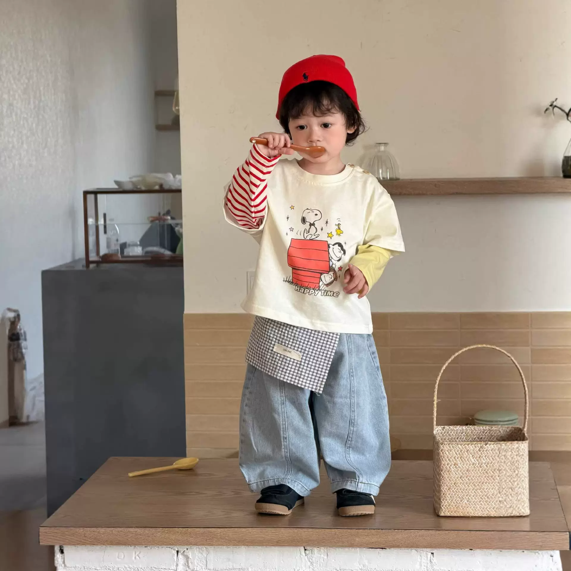 宝宝春季衣服2026新款韩版童装男童拼色T恤衫牛仔裤套装批发定制