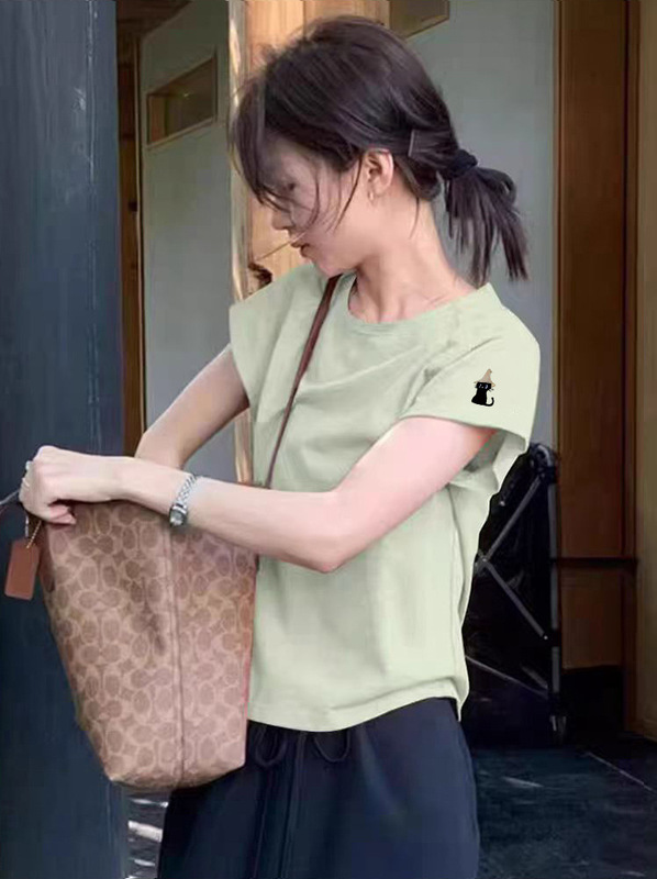 韓国風小柄グリーン右肩半袖Tシャツレディース夏服新デザインニッチ猫プリントトップ|undefined