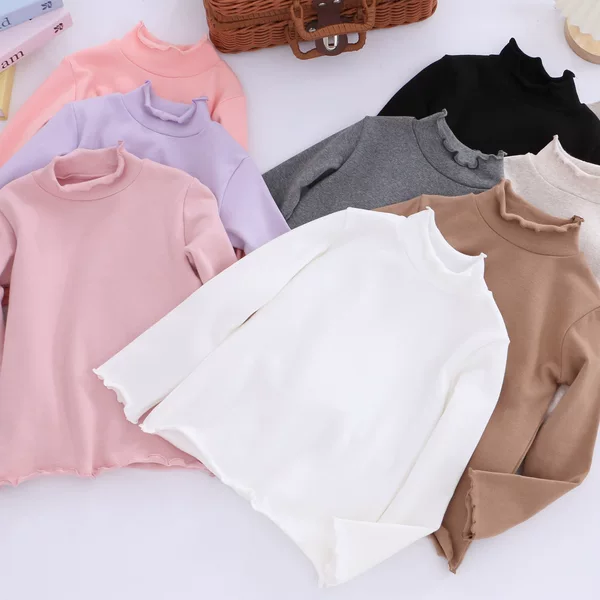 Special Offer Cross-Border Children's T-Shirt, Solid Color Autumn Long-Sleeve Girls' Ruffled Long-Sleeve Base Shirt, Children's Cotton Turtleneck Shirt
