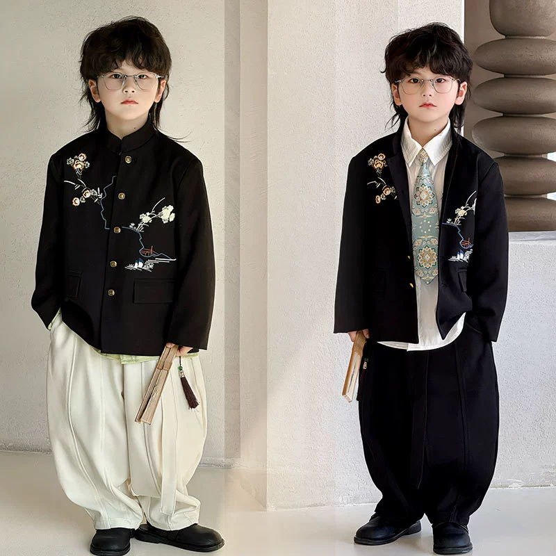 Костюм для мальчиков 2025 Весенний и Осенний стиль Новый китайский воротник вышивка