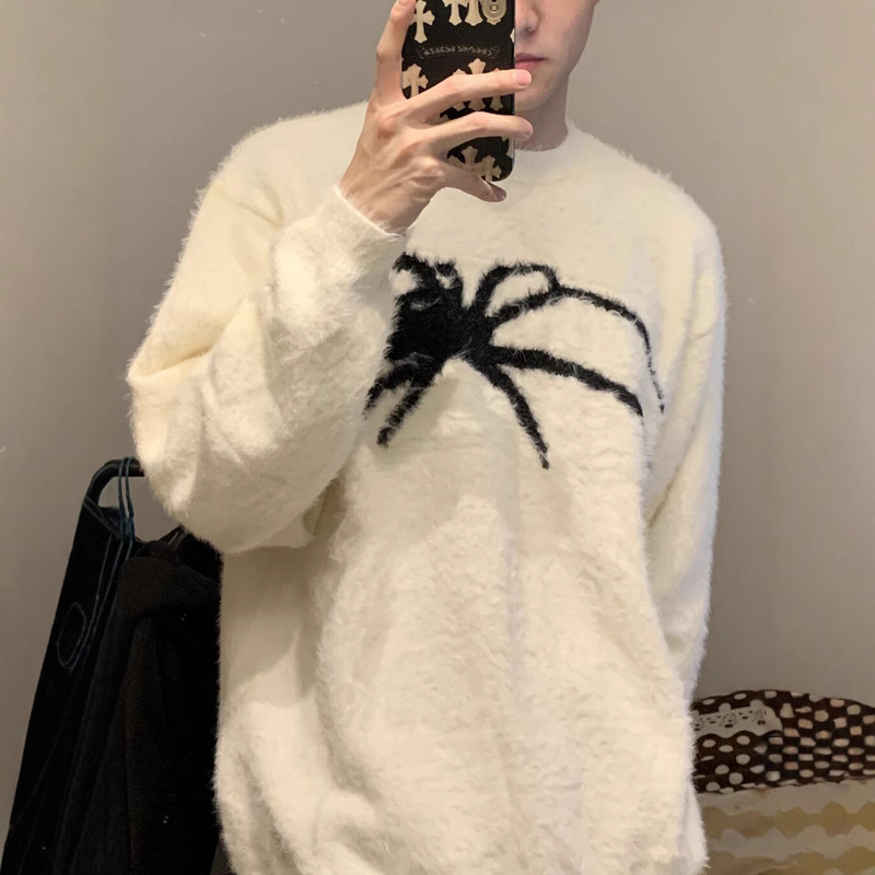 Guochao high street spider ruffian handsome round neck sweater men's and women's loose high-level niche design couple's mink velvet knitted fir