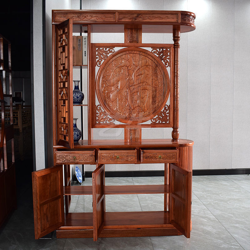 新中式仿古实木家用入户门龙柱玄关柜双面屏风隔断客厅遮挡福字柜|undefined