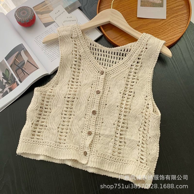 French Solid Color Hollow Hook Pattern Knitted Vest Women's Summer Cardigan with Short Outerwear