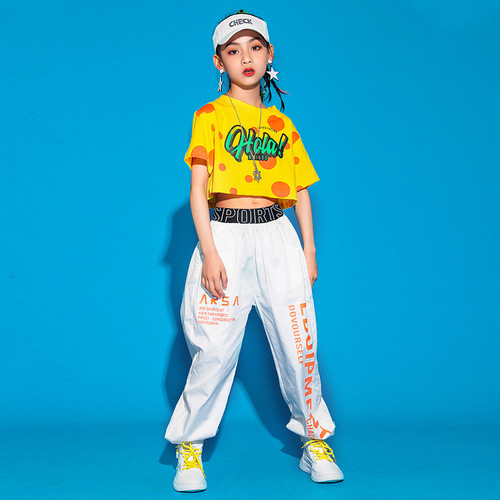 Girls yellow polka dot hiphop singer rapper jazz dance costumes pupil cheerleading dance hip-hop clothing children suit girl shows costumes