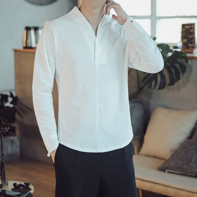 2023 весна-лето новая мужская однотонная Базовая рубашка ханьфу в китайском стиле Jushi Meditation V-образным вырезом хлопковая льняная футболка с длинным рукавом для мужчин