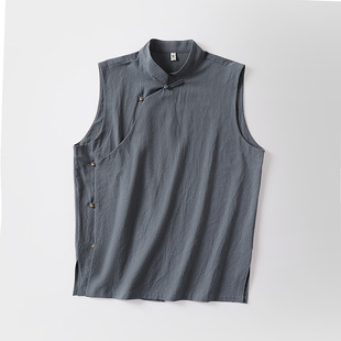 Original Summer Cotton and Linen Vest for Men, Loose Plus Size, New Chinese Style Vest with Button Closure, Tea Zen Clothing for Laymen
