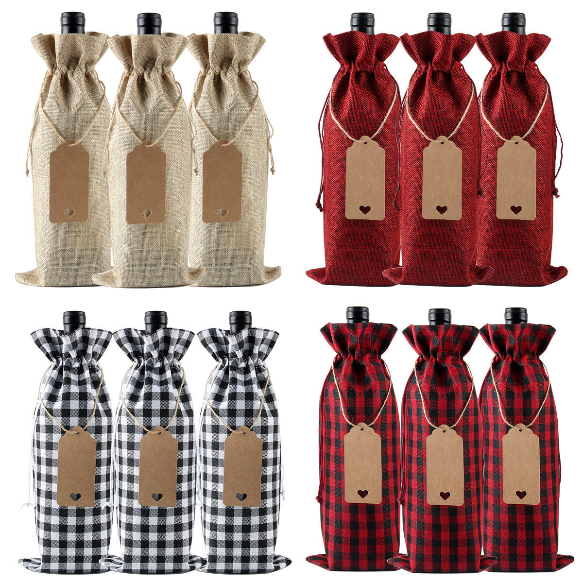 圣诞创意包装袋 红黑格子麻布红酒袋 盲品拉绳防尘礼品束口麻布袋