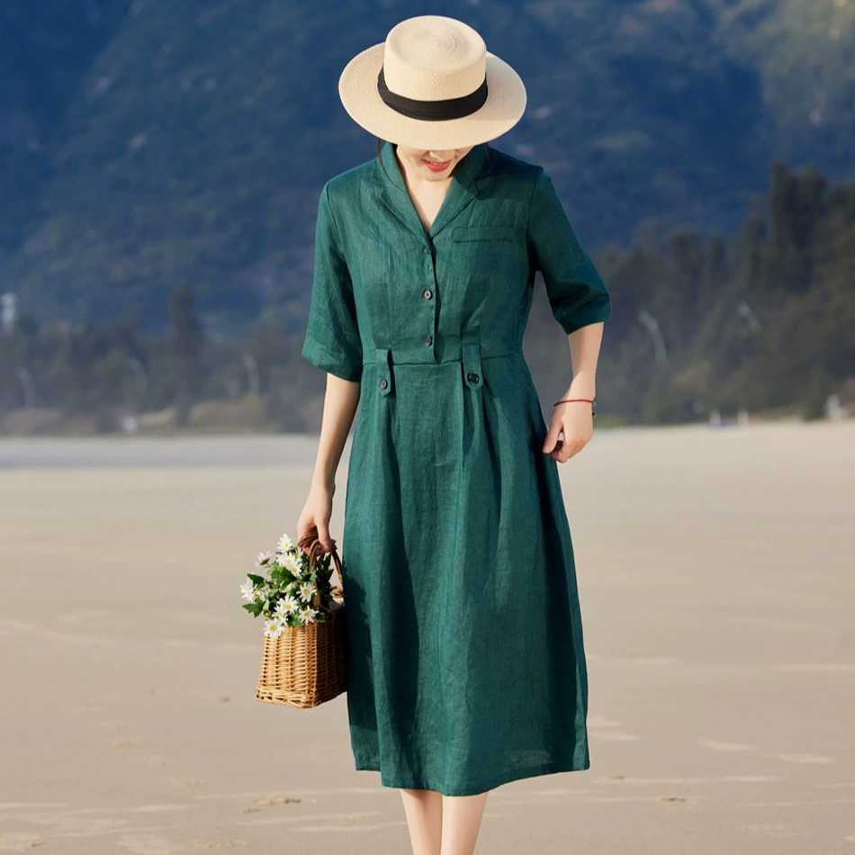 2025 весна и лето новый оригинальный женский чистый лен ретро лацканы длинное платье с пятью рукавами темперамент длинное платье
